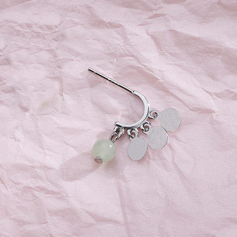 Tassel Semi-Round C-Shaped Earrings, Short Guochao Strokes Peach Blossom Luck, Strawberry Crystal Earrings, Women'S Small Disc Hetian Jade Earrings