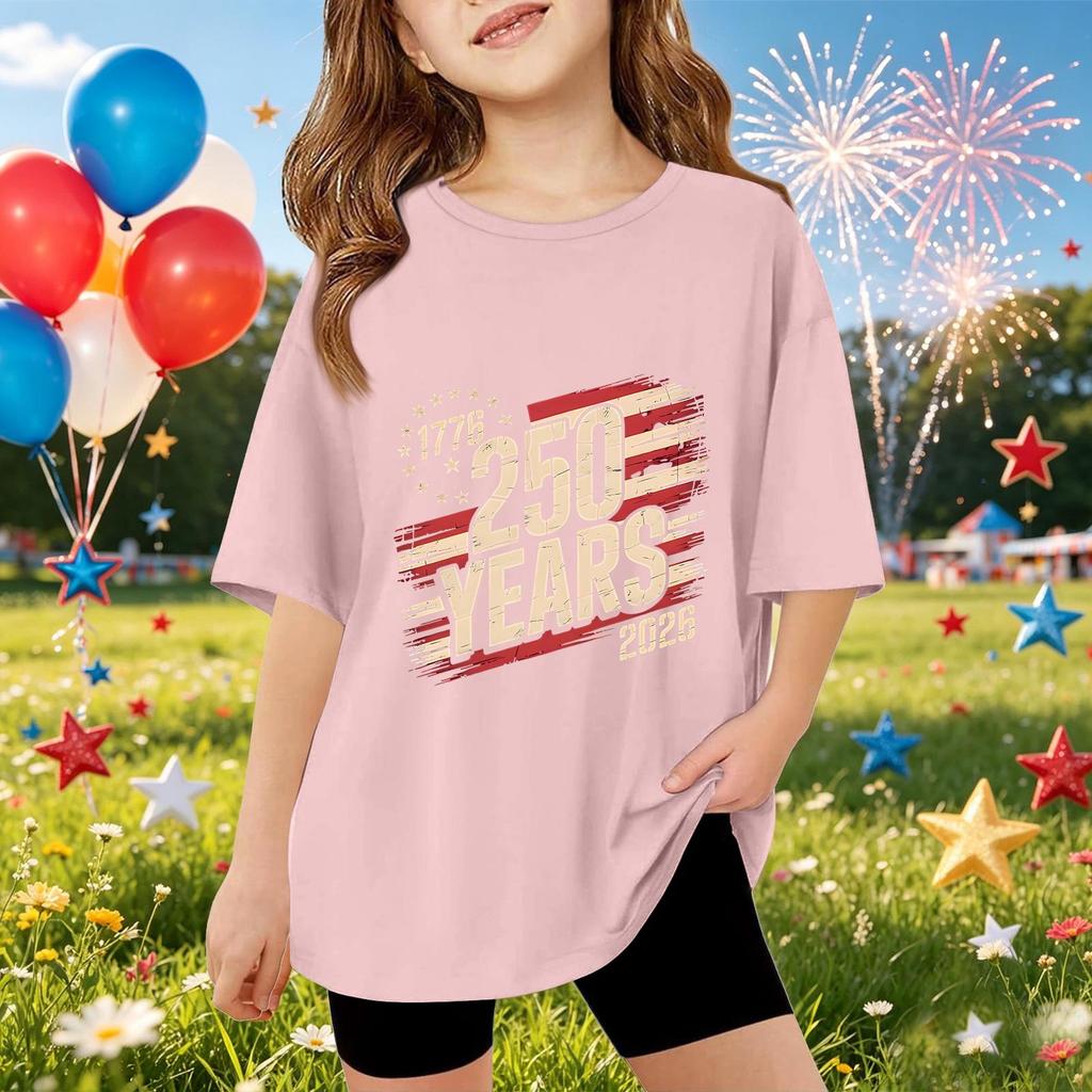 Kids Short Sleeve T Shirt 250 Years Commemorative Graphic Tee Independence Day 1776 2026 Casual Fit Cotton Top for Boys and Girls
