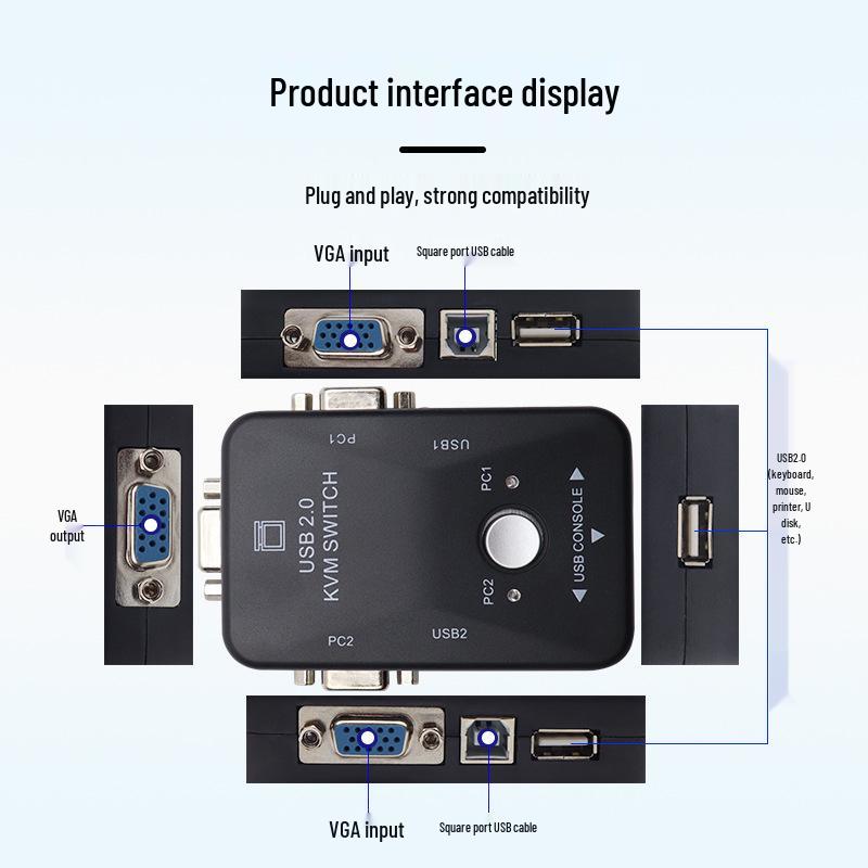 2-ports USB VGA KVM-switch: 2-i-1-ud Multi-Port Switcher til Computere
