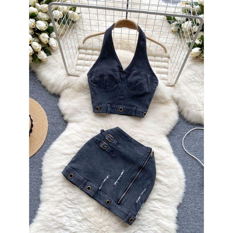 Cool Style Denim Women's Summer Hip Skirt Halter Spaghetti Straps