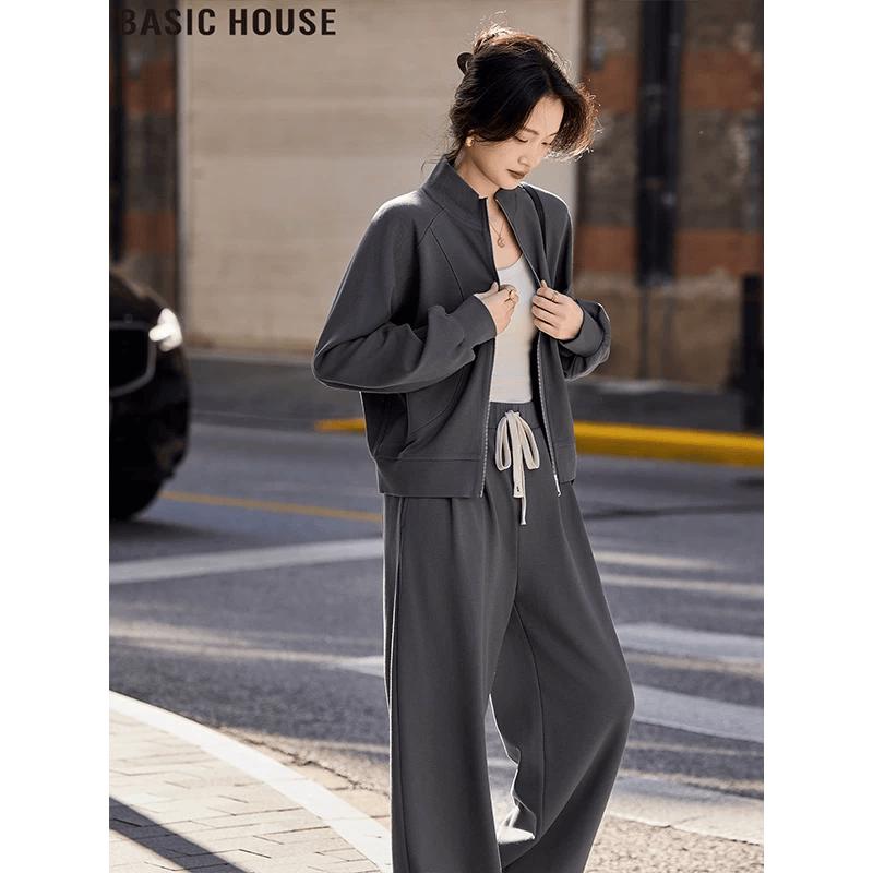 Basic House Women s Stand Collar Jacket  Wide-Leg Pants Set L