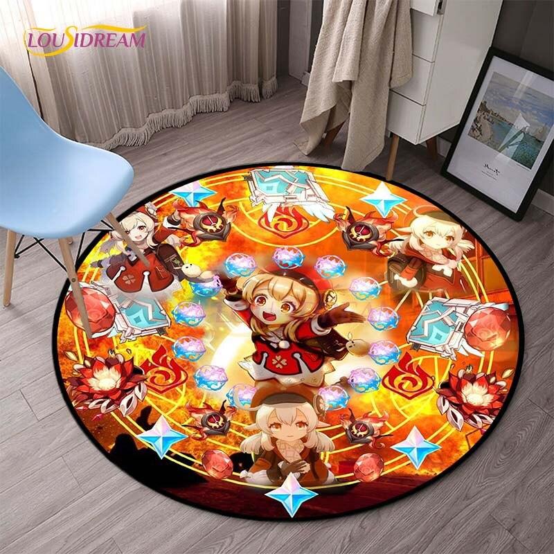Genshin Impact Runde Teppiche für Schlafzimmer, Cartoon-Teppiche für Wohnzimmer, Kinder, weicher Teppich, rutschfeste Bodenmatte, Heimdekoration, Camping, Picknick