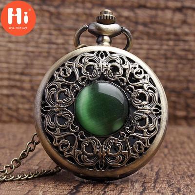 Hi Bronze Hollow Imitation Jade Stone Necklace Pendants Decorated Dan Green Chian MenWomen Pocket Watch