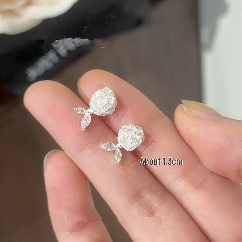 Elegant French Lace Rose Zirconia Leaf Stud Earrings: Unique Light Luxury Design