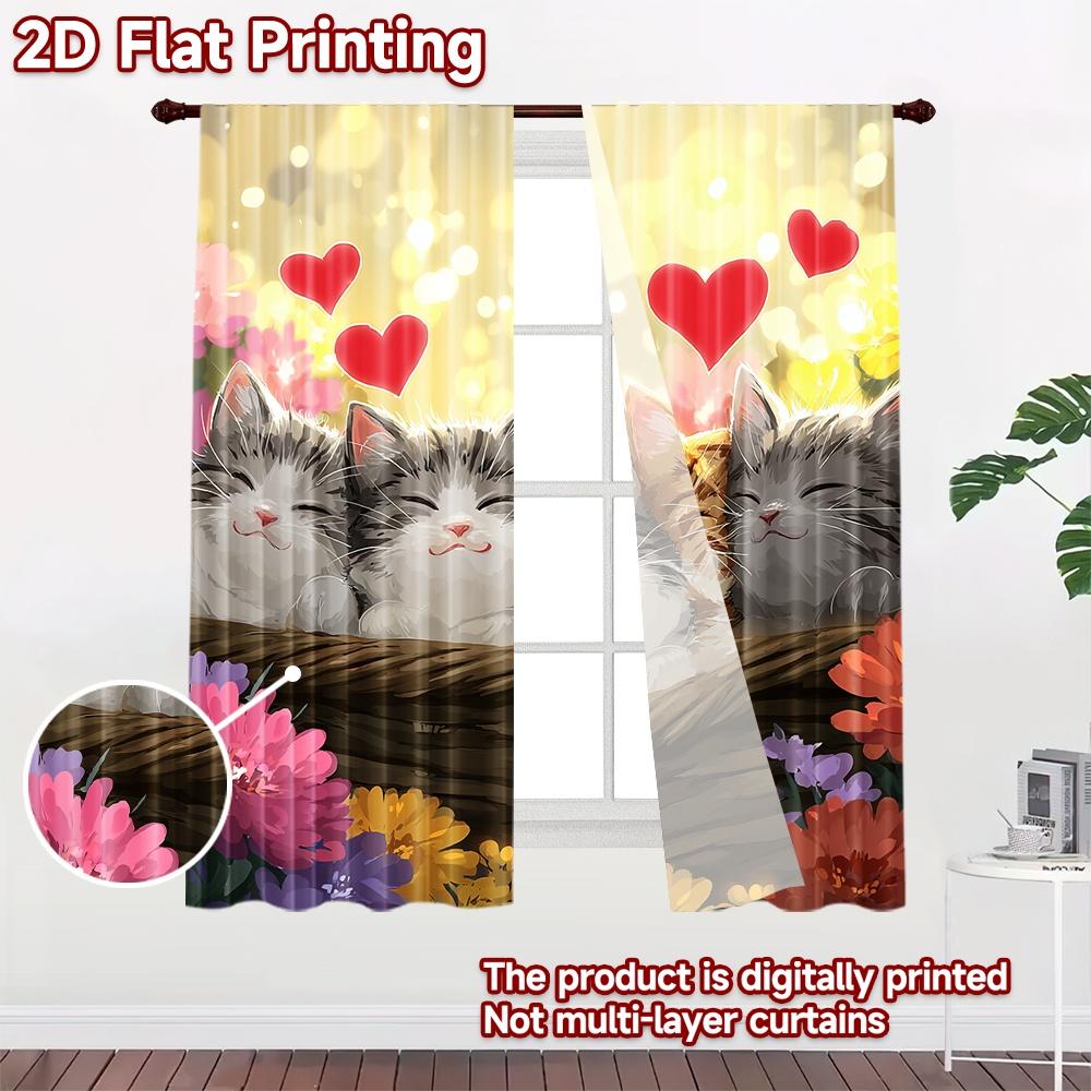 2D flat printing 2pcs Curtains Cute Cats Hearts Flowers Digital Printed Polyester Drapes Seasonal Party & Holiday Decor Use for