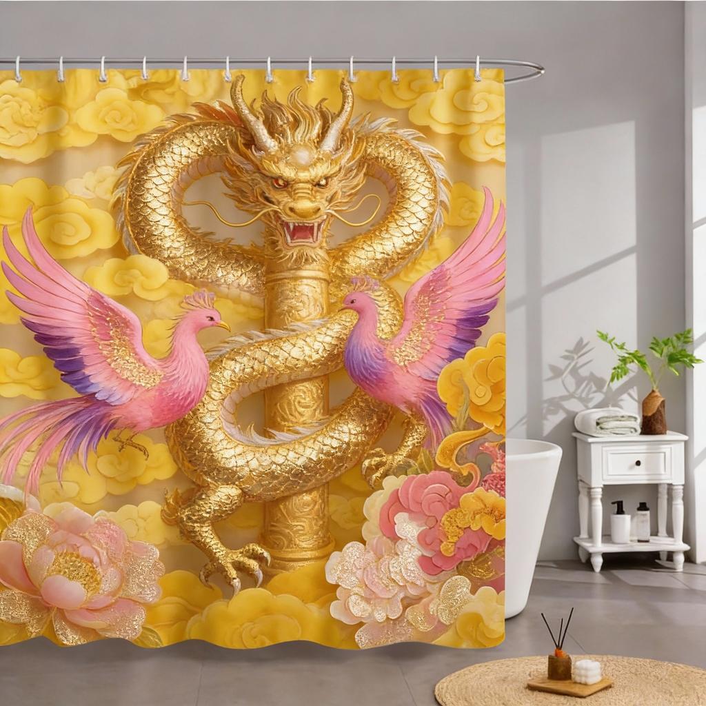 Dragon & Phoenix Print Waterproof Shower Curtain for Bathroom, Traditional Oriental Design High-End Toilet Partition Curtain
