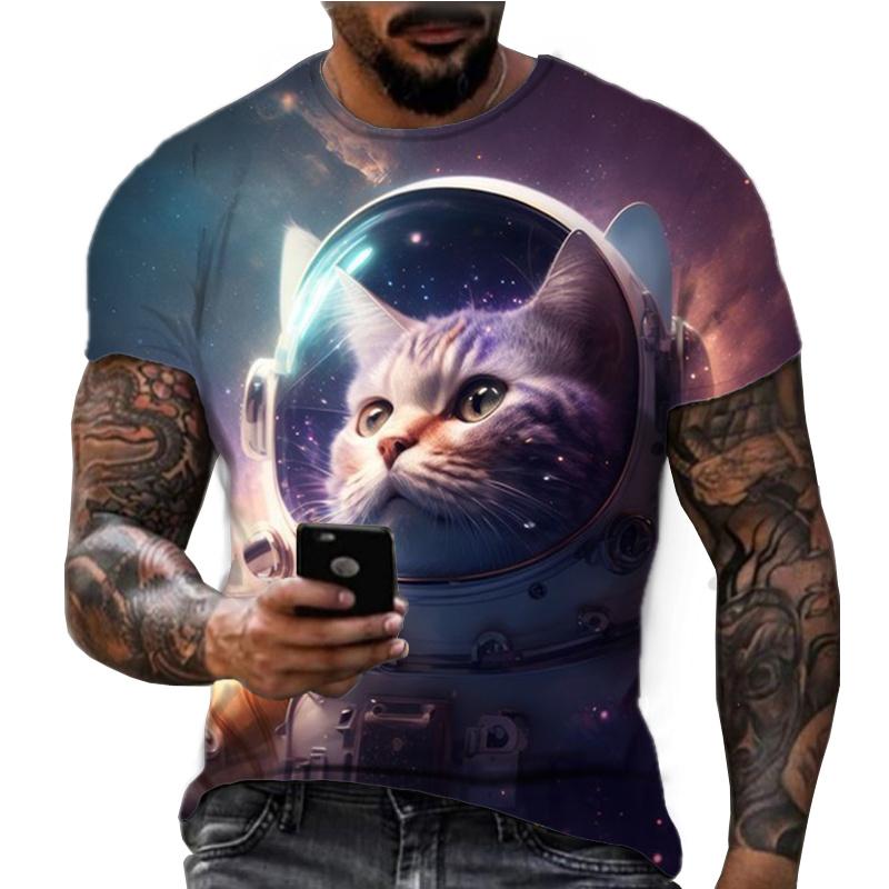 

Летняя футболка с круглым вырезом, с принтом кота-астронавта, 3D-печать, модная, повседневная, с коротким рукавом, мужская XS