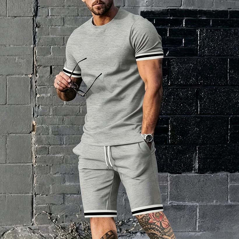 New Summer Men's Minimalist Striped Printed Comfortable and Breathable Round Neck T-shirt Shorts Set for Outdoor Casual Wear