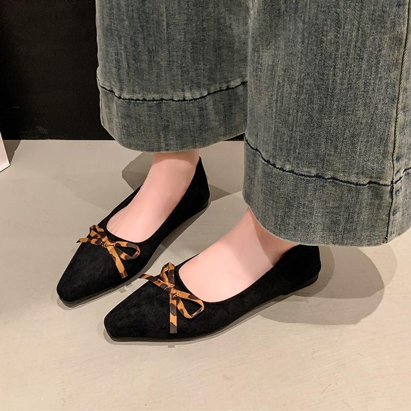 Fashion Women Flat Shoes 2025 Spring New Leopard Pointed Toe Shallow Mouth Suede Butterfly Knot Soft Sole Anti-slip Wear-resistant