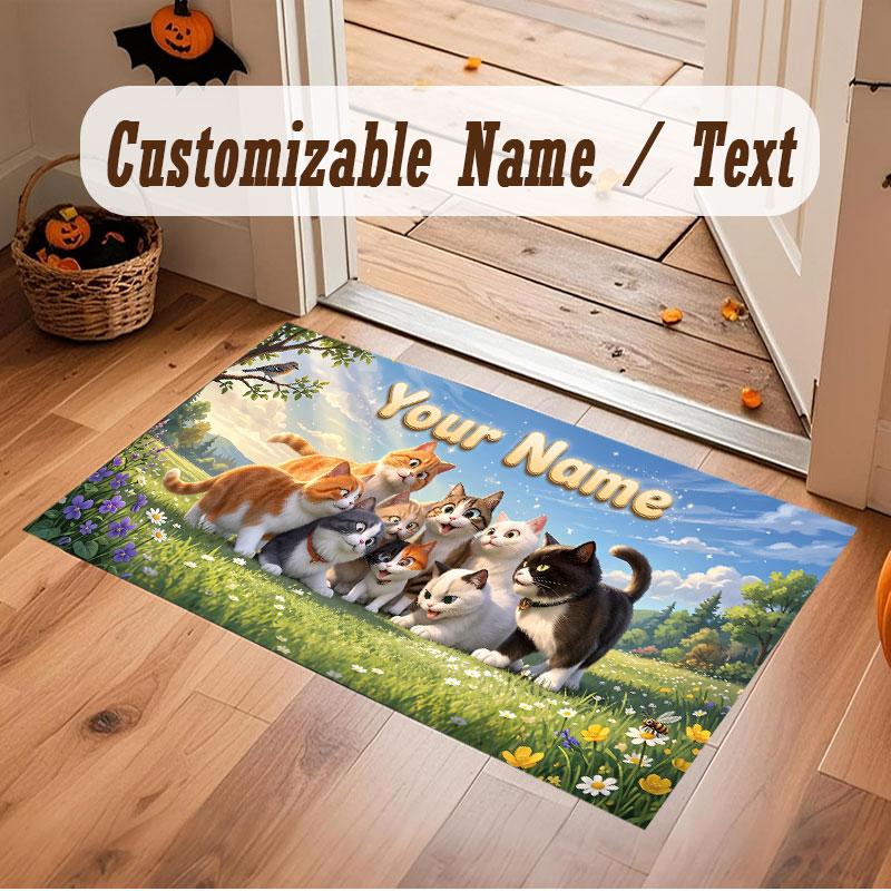 Cat Theme Crystal Velvet Floor Rug Personalized Custom Name Text Warm Carpet Home Decoration