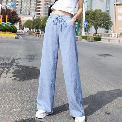 Minimalistische effen broek met trekkoord, casual lange broek met elastische taille en wijde pijpen, dameskleding