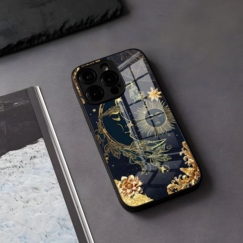 Yinuoda Funny Sun Moon Face Phone Case For IPhone 17 Air 16 E Pro Max 15 14 13 Mini 12 Pro 11 Max Plus Black Glass Cover