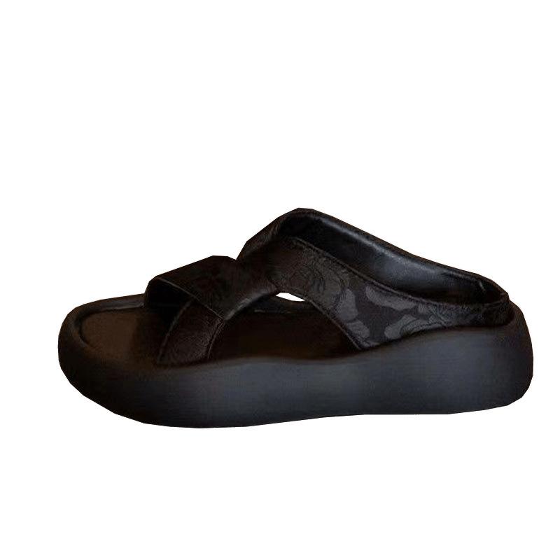 Muffin Thick-bottomed Cool Slippers Women's Summer Wear 2025 New National Style with Skirt Embroidery Casual Beach One-word Drag