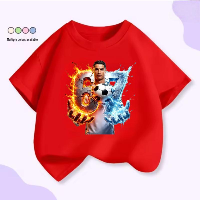Unisex T-shirt voor Kinderen met Korte Mouwen - Voetbal Supersterren Print (Messi & CR7), Zomer Katoen Ronde Hals