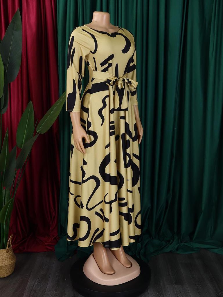 Women's 2024 Spring Lace-up Print African Plus Size Midi Dress