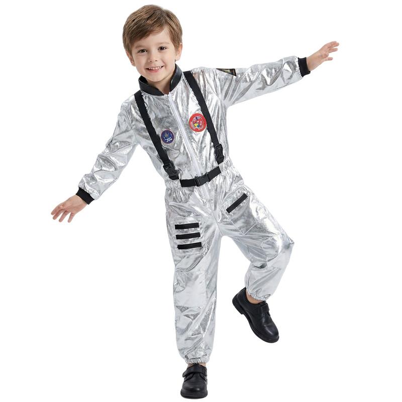 Boys Girls Astronaut Costume Silver Space Suit Halloween Role Play Costume for Kids Party Performance New Year Carnival Gift