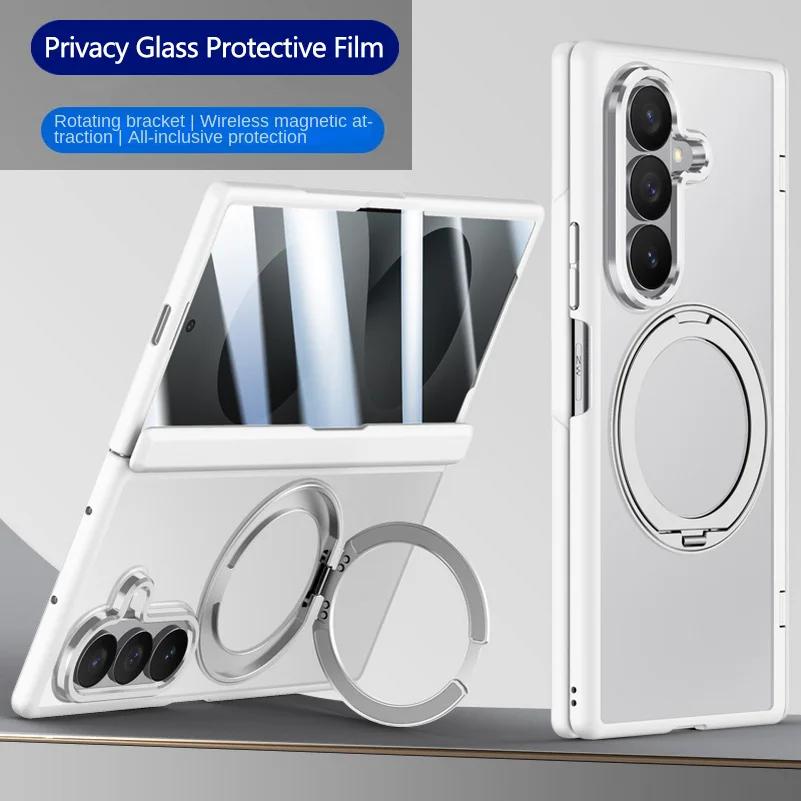 For Samsung Z Fold 8 Ultra Galaxy Z Fold 7 Matte Frosted Metal Magnetic Ring Kickstand Case with Tempered Glass Screen and Hinge