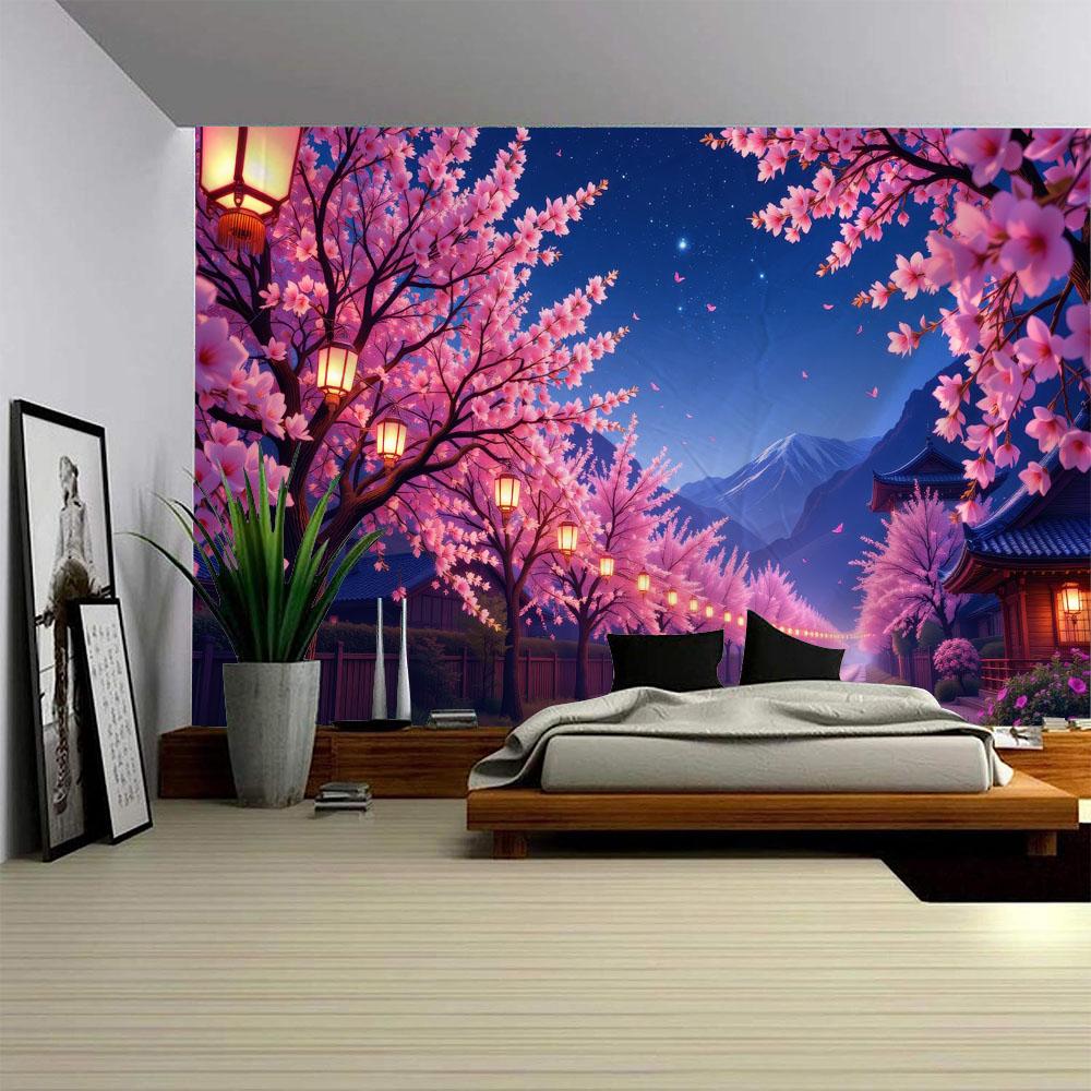 Cherry Blossom Forest Tapestry Wall Hanging Dreamy Natural Landscape with Wooden House Mountain View Background Cloth
