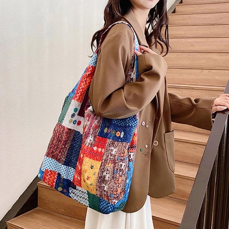 Aesthetic Canvas Toted Bag Reusable Shoulder Toted Bag for Women Casual Vacation,Shopping,Work,Gym Ethnic Style Cloth Bag