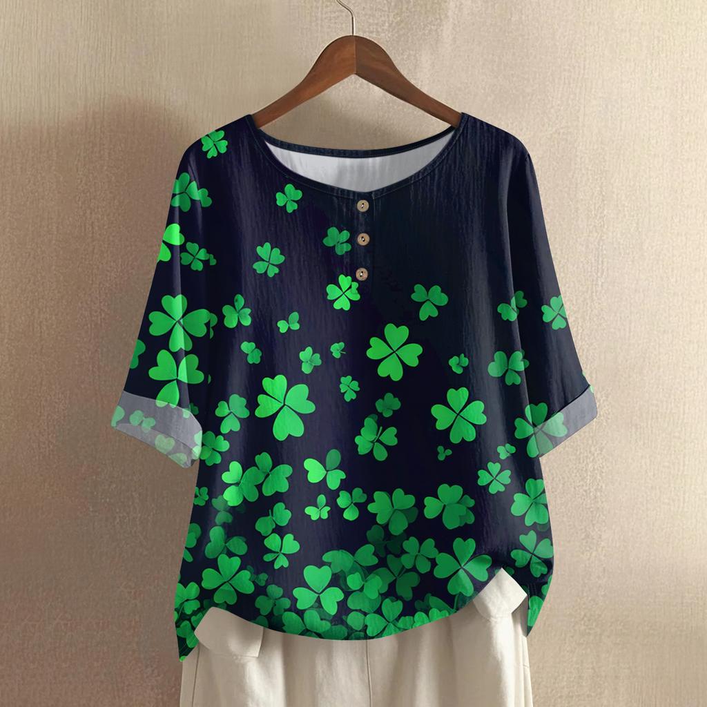 Women's Fashionable And Casual Shirt 3/4 Sleeve Round Neck Print Blouse Top