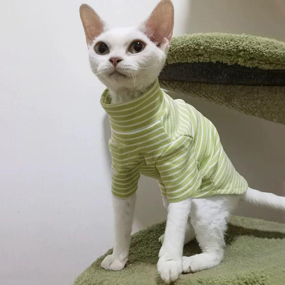 Warm Sphynx Cat Clothes Soft Cat Striped Jumpsuit Hairless Cat Base Shirt  For Autumn Winter