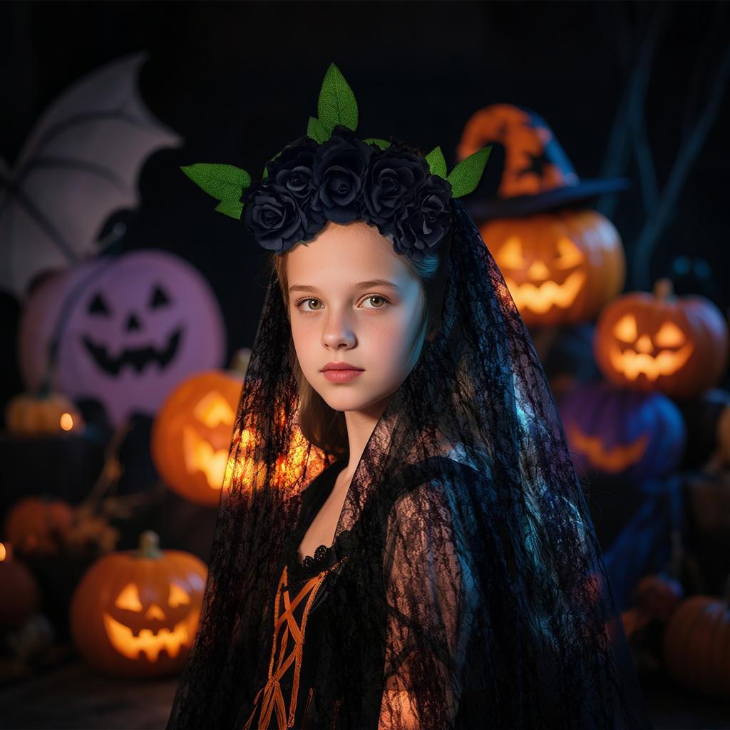 Halloweenska čelenka s umelým ružovým kvetinovým vencom gotická čipkovaná záclona strašidelný svadobný doplnok tmavý vlasový doplnok párty ozdoba do vlasov
