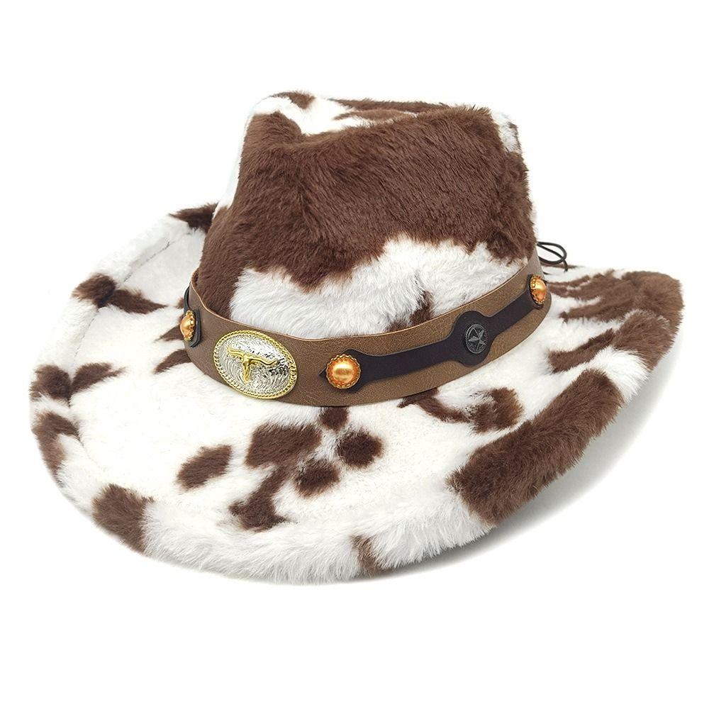 Metal Badge Faux Fur Hat Windproof Cowgirl Hat Vintage Western Cowboy Hat  Winter Wear