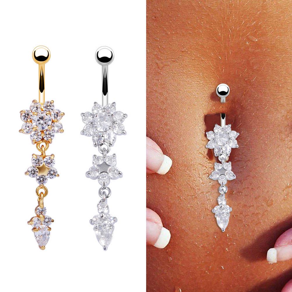 Double Hand Cuff Crystal Bar Dangle Navel Belly Ring Piercing Jewelry Silver