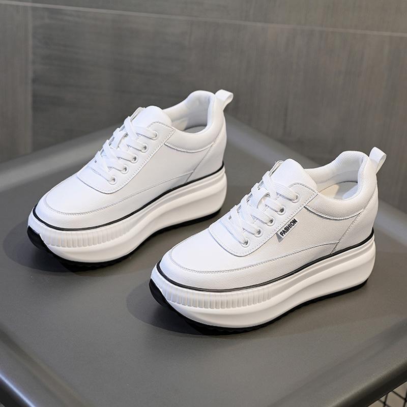 Fashion Spring Autumn Genuine Leather Shoes Women Fashion Sneakers Ladies Flat Platform Black White Shoes Height Increasing 8cm D568