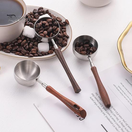Light Wood Handle Spoon Measuring with Handle, Stainless Steel Baking Scoop, Coffee Corrosion Resistant Scoop Bean Milk Powder Teaspoon for