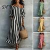 Soft Summer Dress Women Striped Long Dress, Off Shoulder Sleeve Casual Daily Wear Ankle Length Loose Swing with Side Pocket Clothing