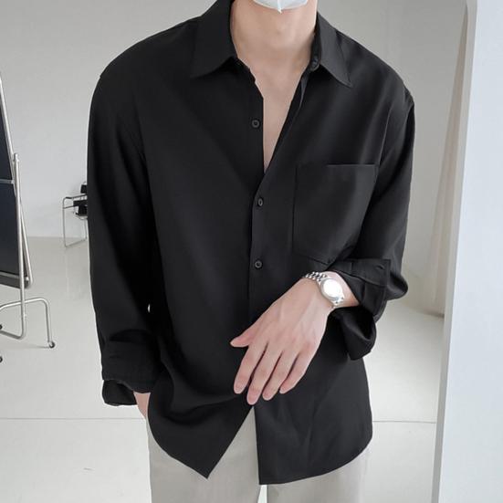 Lapel Long Sleeve Single-breasted Patch Pocket Draped Men Shirt Slim Fit Solid Color Business Dress Shirt Top