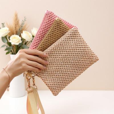 Bolso de Playa de Paja Calado Tejido de Paja Bolso de Mano de Moda Billetera Bolso de Mano con Cremallera para Mujer Para Tarjetas y Monedas, Estuche para Llaves, Bolso de Muñeca