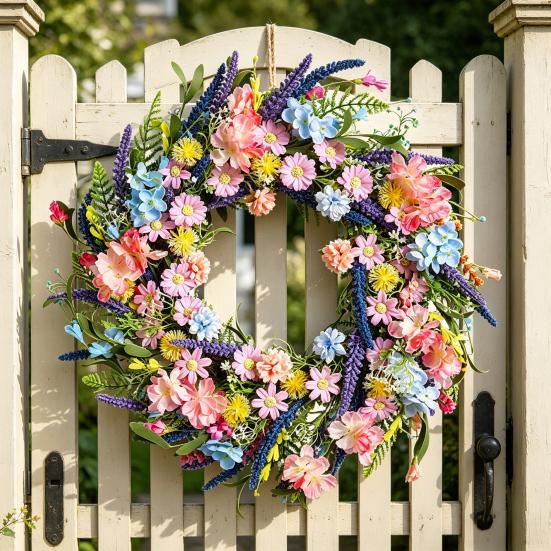 Spring Wreath for Front Door Artificial Floral Wreath with Eucalyptus Leaf Lavender Wildflowers for Easter Indoor Outdoor Home Farmhouse Wall Decor