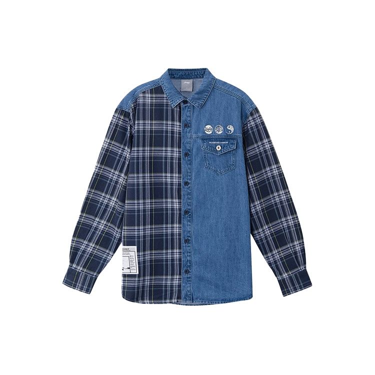 Li-Ning Loose Wash Denim Patchwork Shirt Unisex shirts Blue ASHR087-1