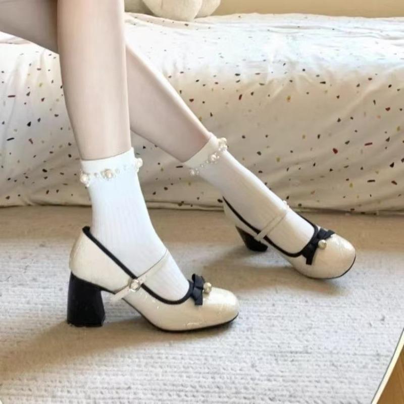 2025 Women's Pumps Autumn New Fashion Comfortable High Heels Chunky Heels Shoes Bow-knot Pearl Elegant Shoes Zapatos De Mujer