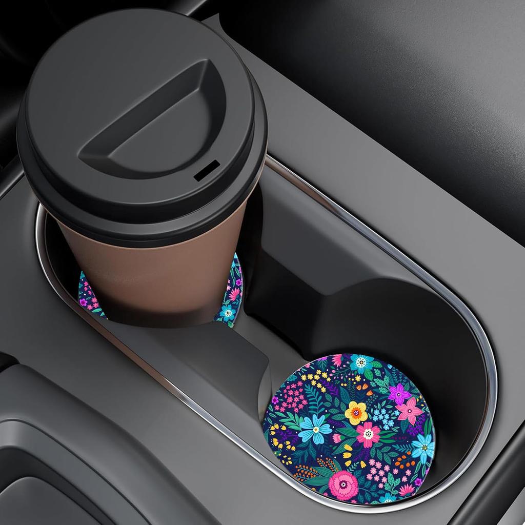 Colorful Flowers and Plants Car Cup Holder Coaster,Car Coasters for Cup Holder,2 Pack Floral Berries Anti-Slip Absorbent Ceramic Car Cup Coasters for