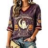 Women's Casual Halloween Print V-Neck T-Shirt for Holiday Party