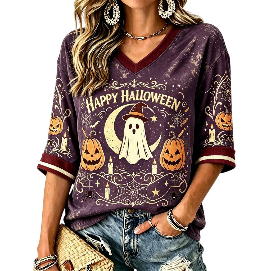 Women's Casual Halloween Print V-Neck T-Shirt for Holiday Party