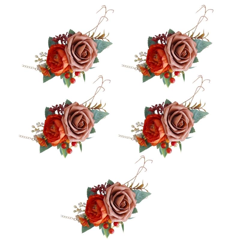 

5Pcs Rose Corsages for Wedding Ceremony Anniversary Prom Party, Flower Wrist Corsages for Mother of Bride and Grooms коричневий/помаранчевий