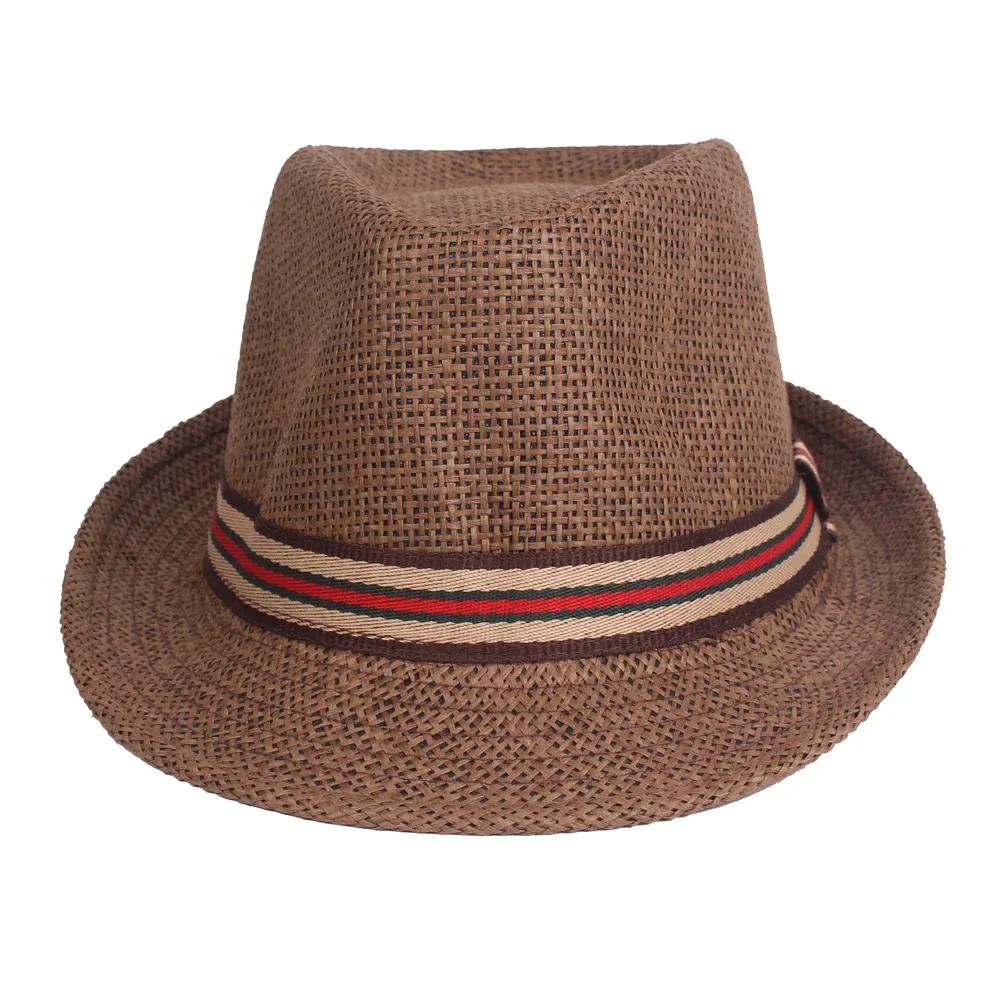 Men's Straw Hat - Summer Beach Sun Hat with Striped Ribbon, Solid Color Fedora & Cowboy Jazz Cap, Casual Gangster Style