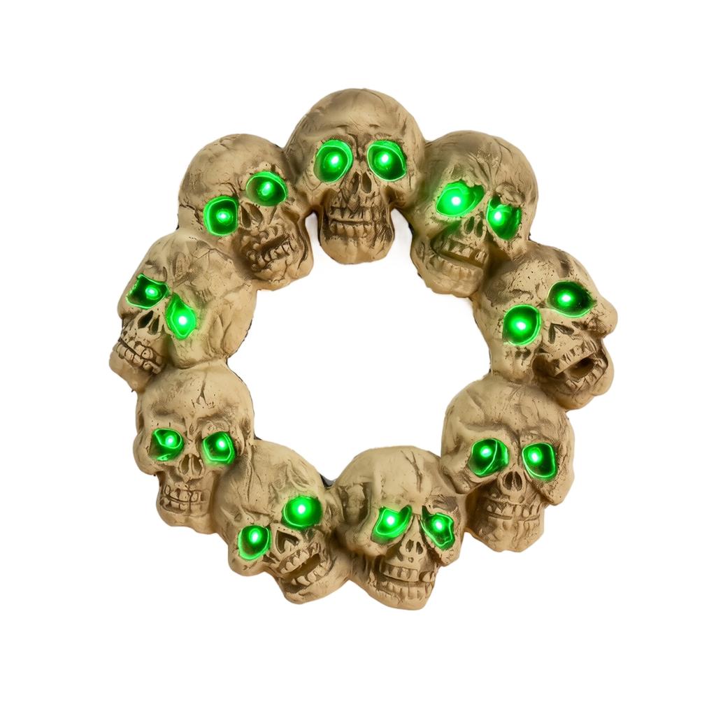 Halloween Skull Wreath Hanging Decoration with LED Light Up Eyes for Door Wall Indoor Outdoor Display Festival Party Decor