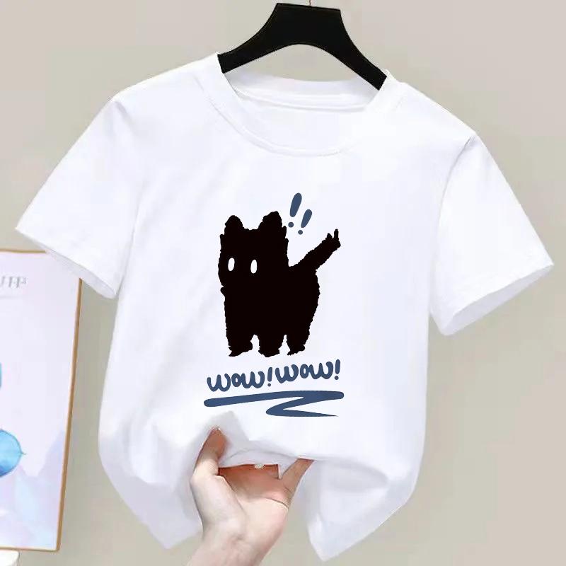 Funny T Shirt Cat Letter Print Crew Neck TShirt Kids Casual Short Sleeve Top for Spring Summer Girls Clothing