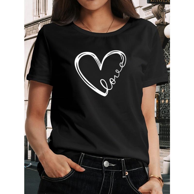 European Size Women's Heart Print Crew Neck Short-Sleeved T-Shirt - Heart Pattern Print T-shirt, Convenient Pattern Design, Loose Casual Top