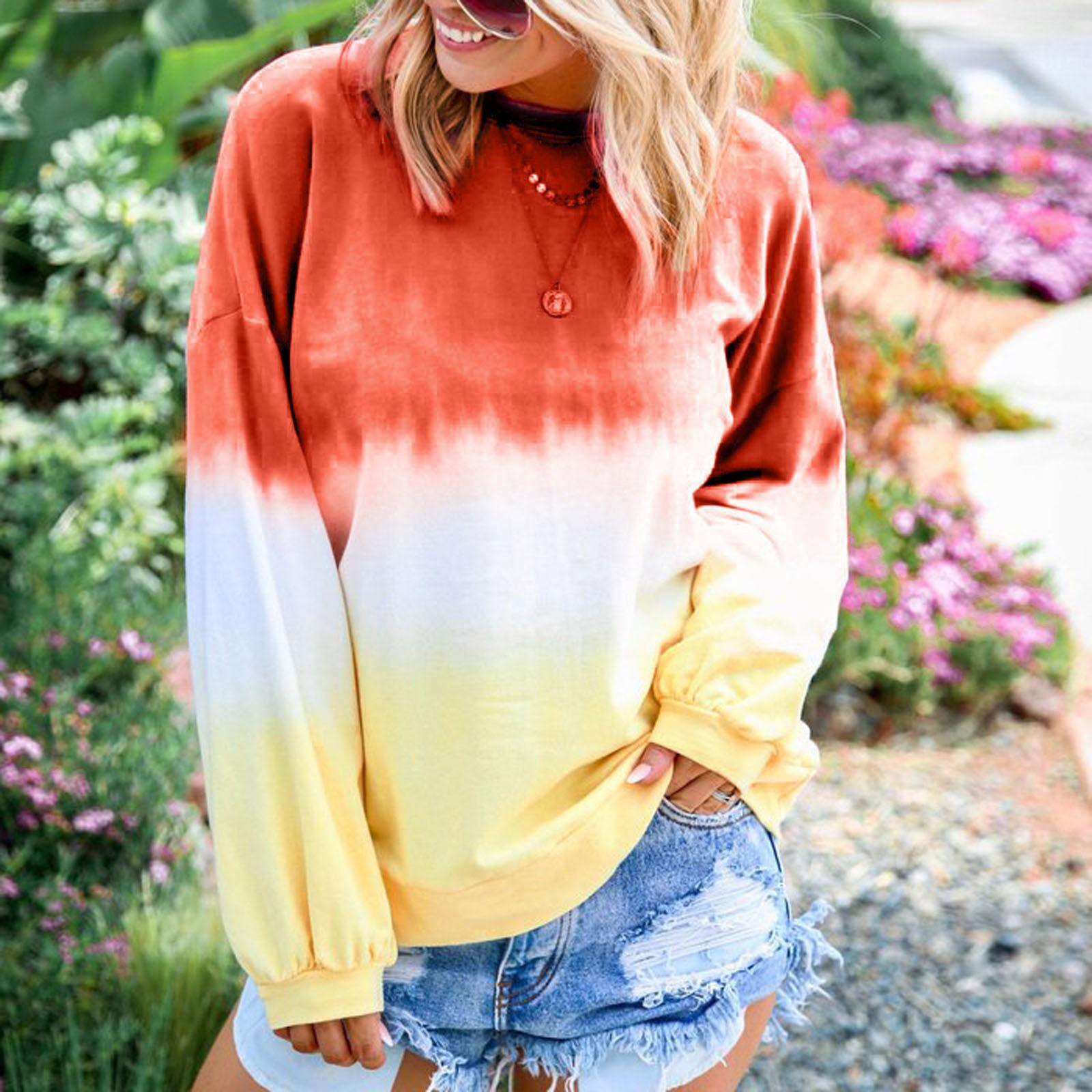 

Женские топы с длинными рукавами, повседневные женские топы с круглым вырезом, градиентный контрастный цвет, топ с длинными рукавами, пуловер, толстовка L оранжевый