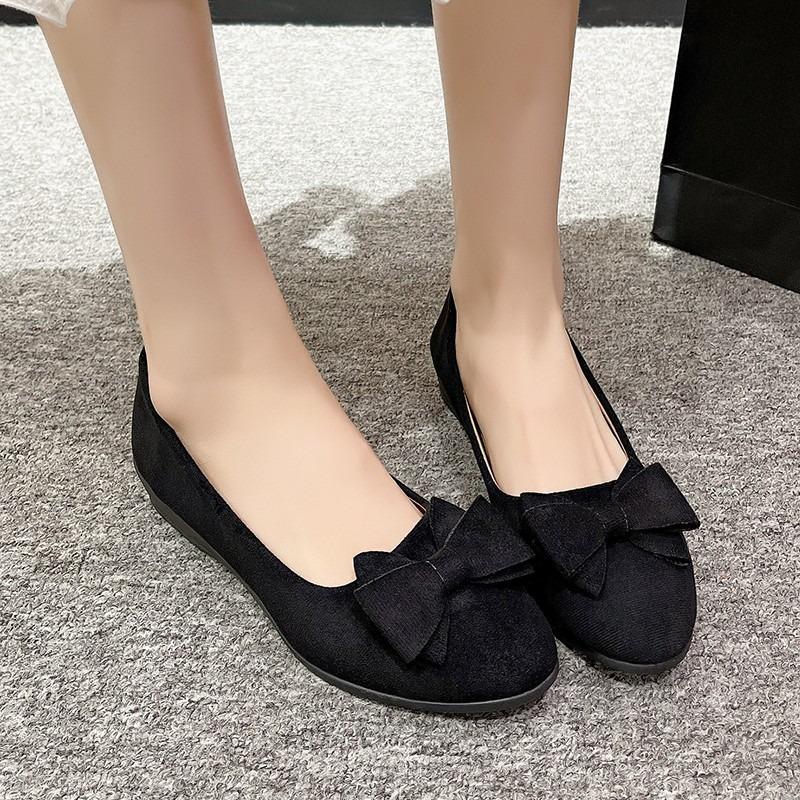 Large size flat-bottomed casual single shoes for women's spring and autumn new suede bow round head beanie shoes for women