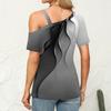 Damen Schulterfreie Tops Plissee Asymmetrischer Ausschnitt Kurzarm Prints T-Shirt Tops