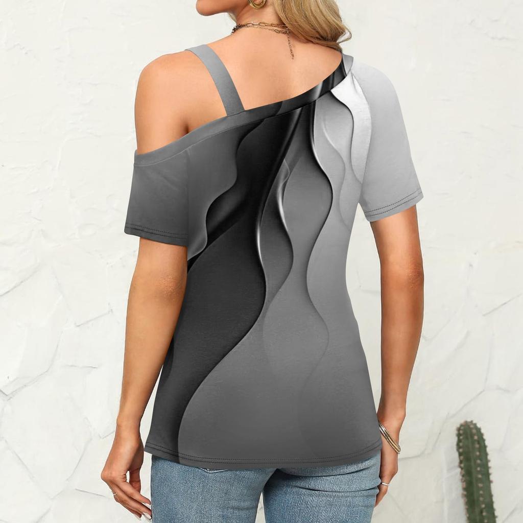 Damen Schulterfreie Tops Plissee Asymmetrischer Ausschnitt Kurzarm Prints T-Shirt Tops