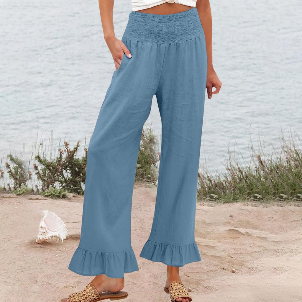 Women's Elastic Belt Pocket Linen Pants Pleated Paper Bag High Waist Ruffled Hem Wide Leg Trousers