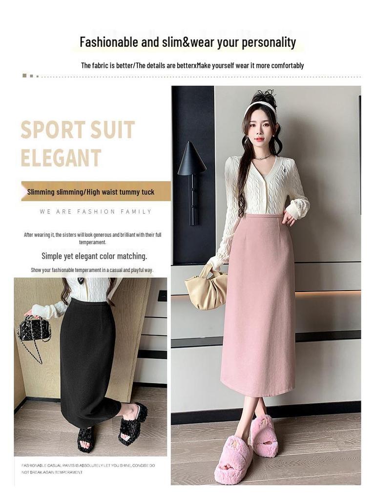 Women's 2025 Pink Wool High-Waist A-Line Midi Skirt for Autumn and Winter